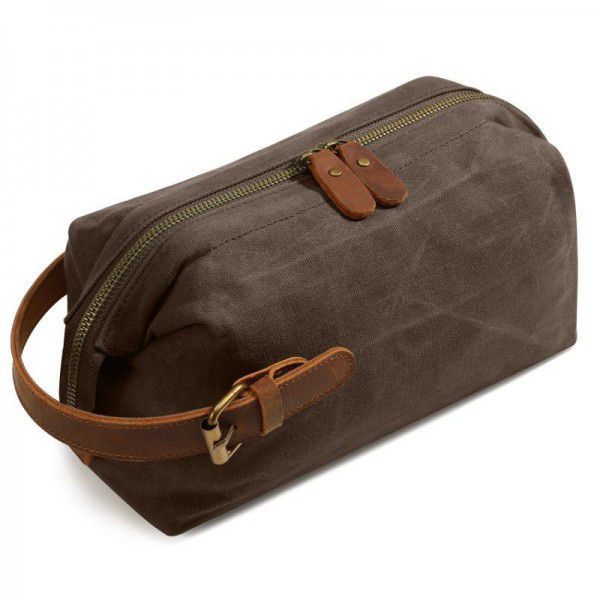New plain canvas travel makeup bag customized mad horse leather wear-resistant hand grab bag portable wash bag makeup bag