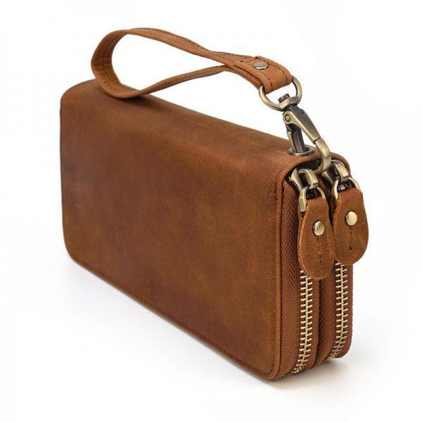 Men's Crazy Horse Leather Long Wallet Leather Double Zipper Wallet double leather handbag Vintage Mobile Wallet