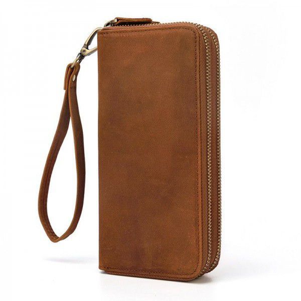 Men's Crazy Horse Leather Long Wallet Leather Double Zipper Wallet double leather handbag Vintage Mobile Wallet
