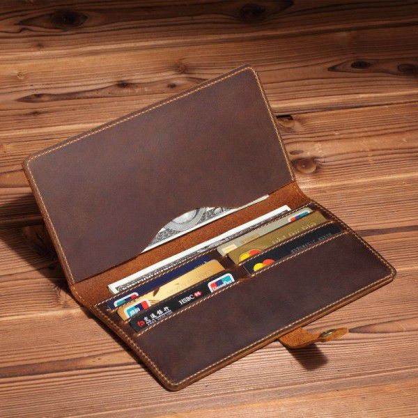 Men's long leather wallet Crazy Horse Leather retro business multi card leather handbag