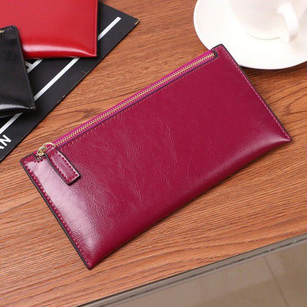 2019 new Korean women's oil wax Long Wallet Zipper leather thin soft leather wallet leather simple and fashionable