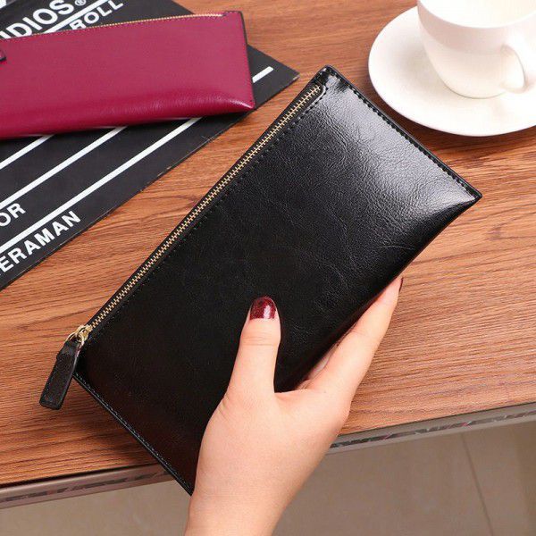 2019 new Korean women's oil wax Long Wallet Zipper leather thin soft leather wallet leather simple and fashionable