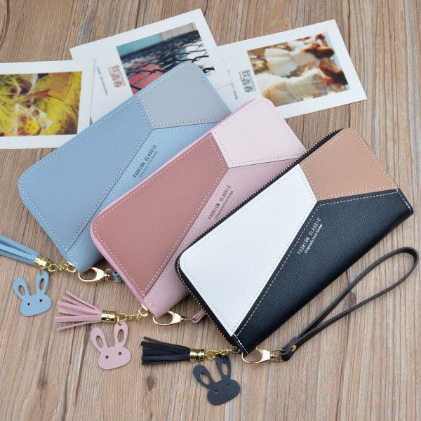New women's handbag wallet women's long Korean color contrast splicing zipper tassel large capacity wallet mobile bag