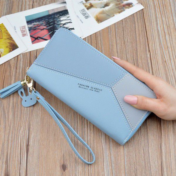 New women's handbag wallet women's long Korean color contrast splicing zipper tassel large capacity wallet mobile bag