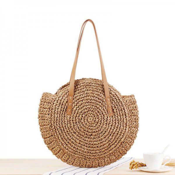 Factory direct sales new big brand simple round single shoulder straw woven bag beach bag fashion women's bag straw bag