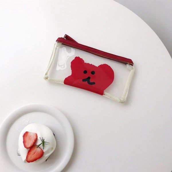 South Korean ins cute cartoon contrast cream bear transparent pencil bag stationery bag storage bag