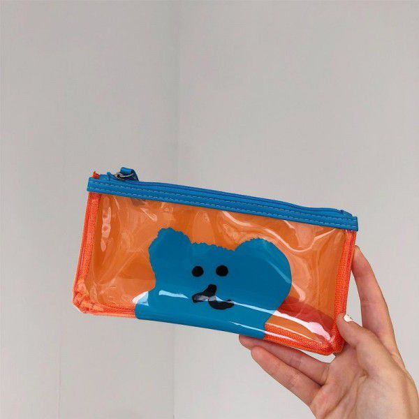 South Korean ins cute cartoon contrast cream bear transparent pencil bag stationery bag storage bag